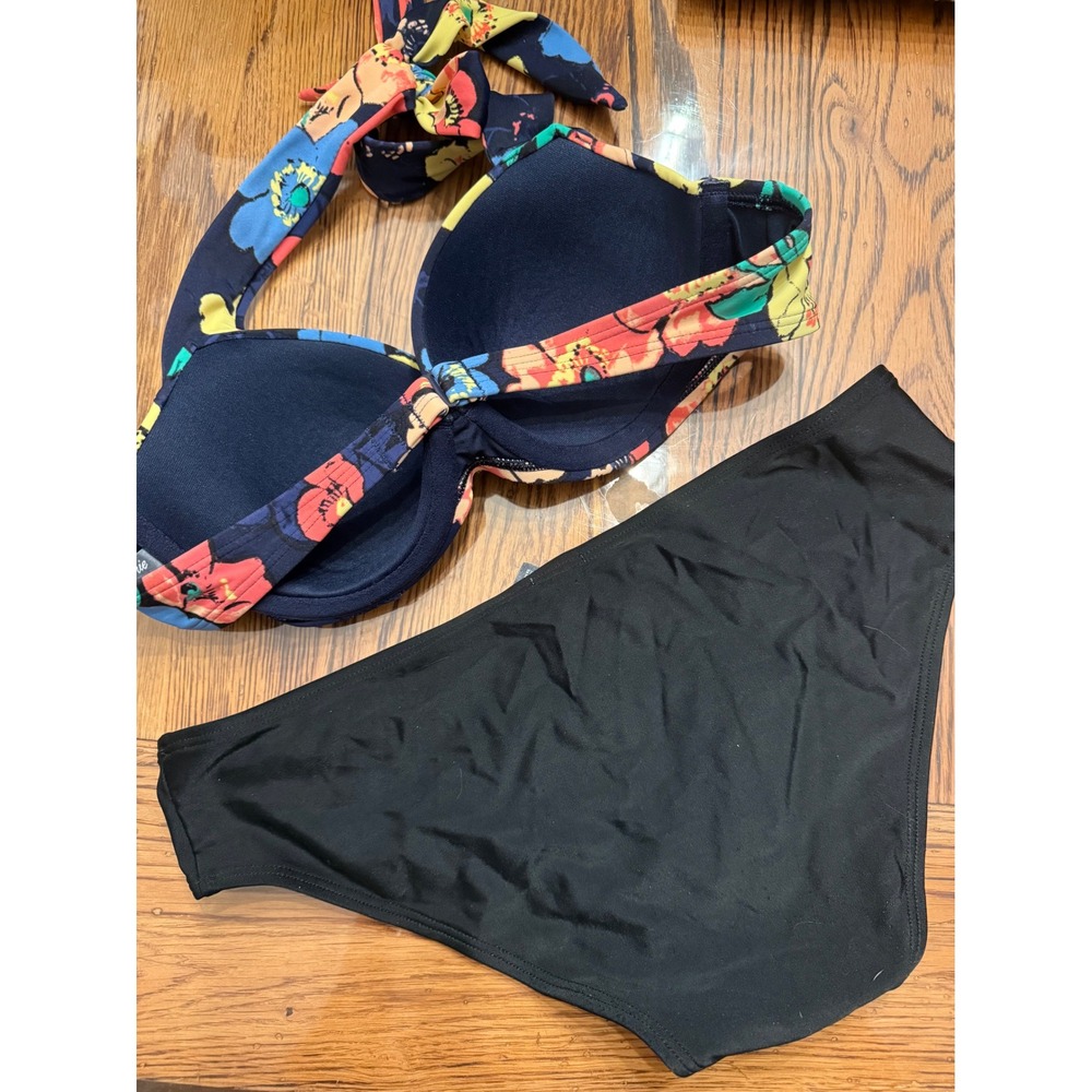 Aerie Bikini Swimsuit Set Womens S/34B Black Floral Push Up Halter Hipster - Picture 2 of 4